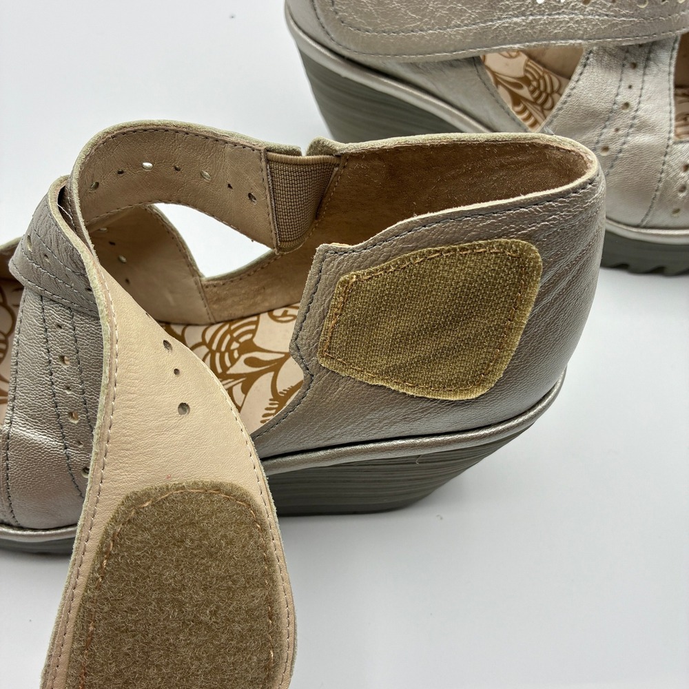 Fly London Yepe Wedge Sandals Womens 38 7.5-8 Gold Leather Perforated Mary Jane - Picture 15 of 15